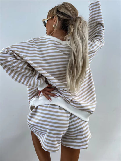 Striped V Neck Shorts Set Resort Lounge Two Piece