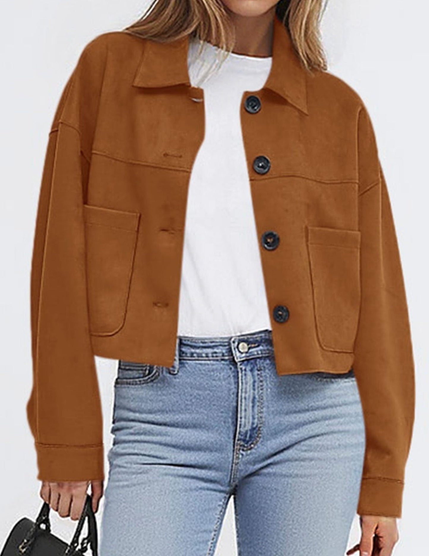 Faux Suede Cropped Button Front Jacket with Pockets