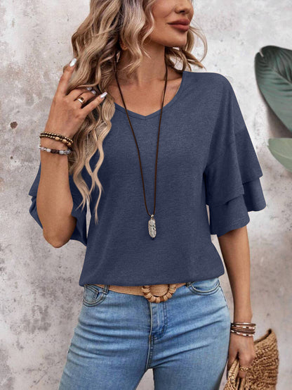 Customizable  Women's V-Neck Flutter Sleeve Top – Casual Summer T-Shirt