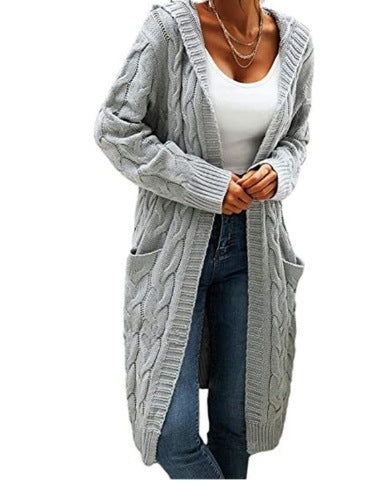 Women's Hooded Cable Knit Long Cardigan Open Front