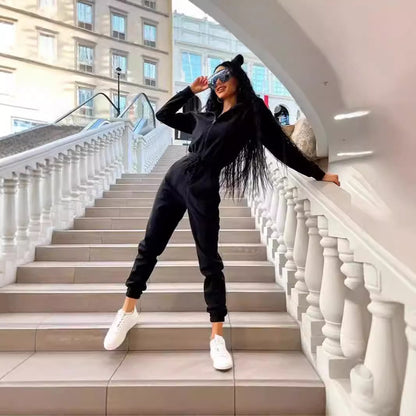 Women's Hooded Drawstring Jogger Jumpsuit Pockets
