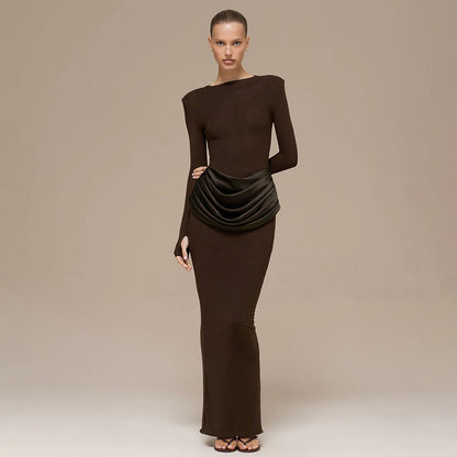 Women's Boat Neck Long Sleeve Ruched Bodycon Maxi Dress