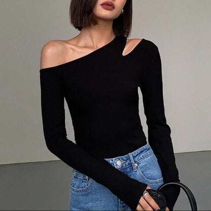 One Shoulder Cutout Long Sleeve Fitted Top