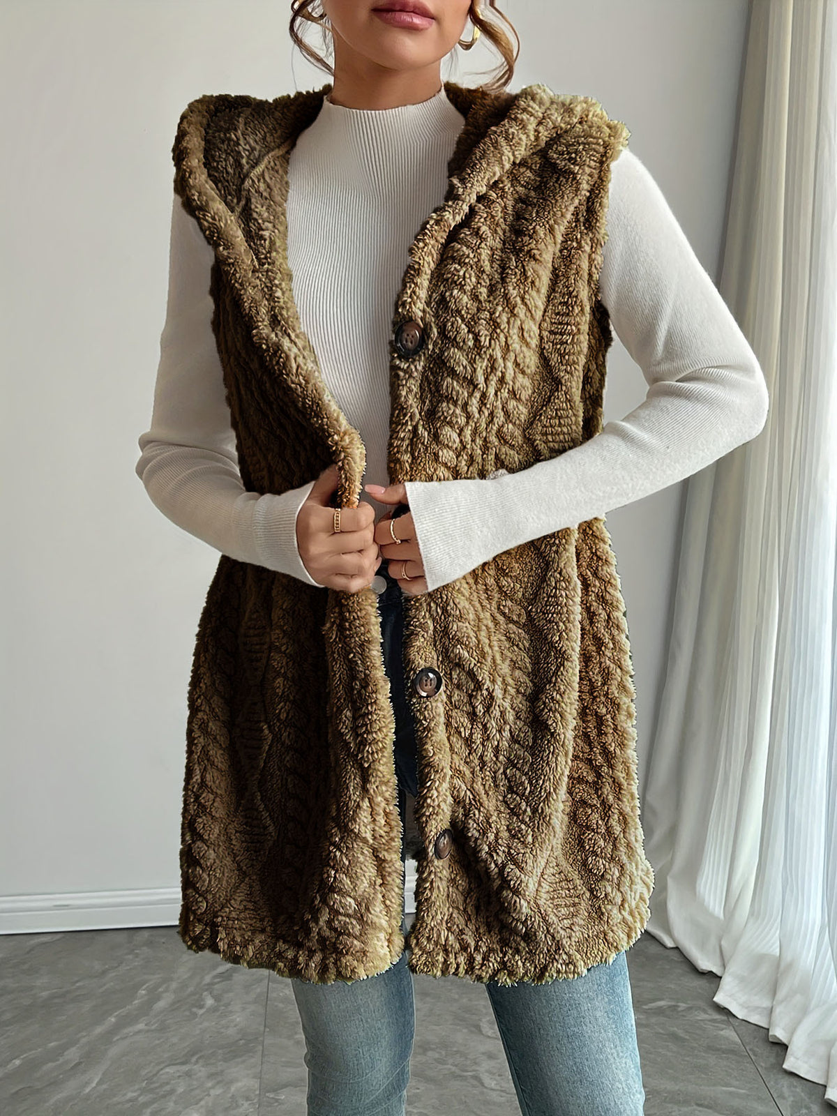 Women Sherpa Hooded Button Down Long Vest