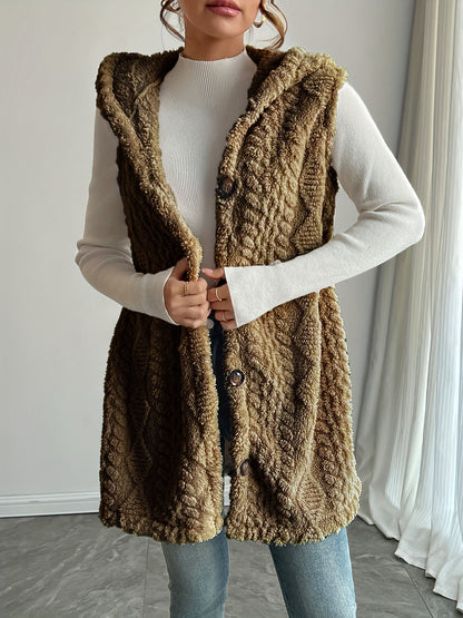 Women Sherpa Hooded Button Down Long Vest