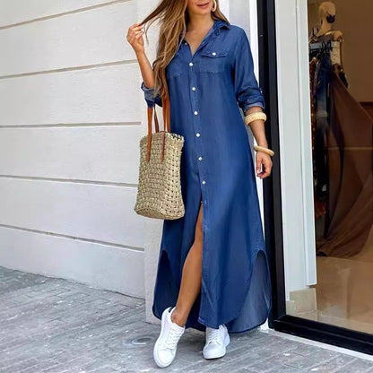 Women's Long Sleeve Button Down Printed Maxi Shirt Dress