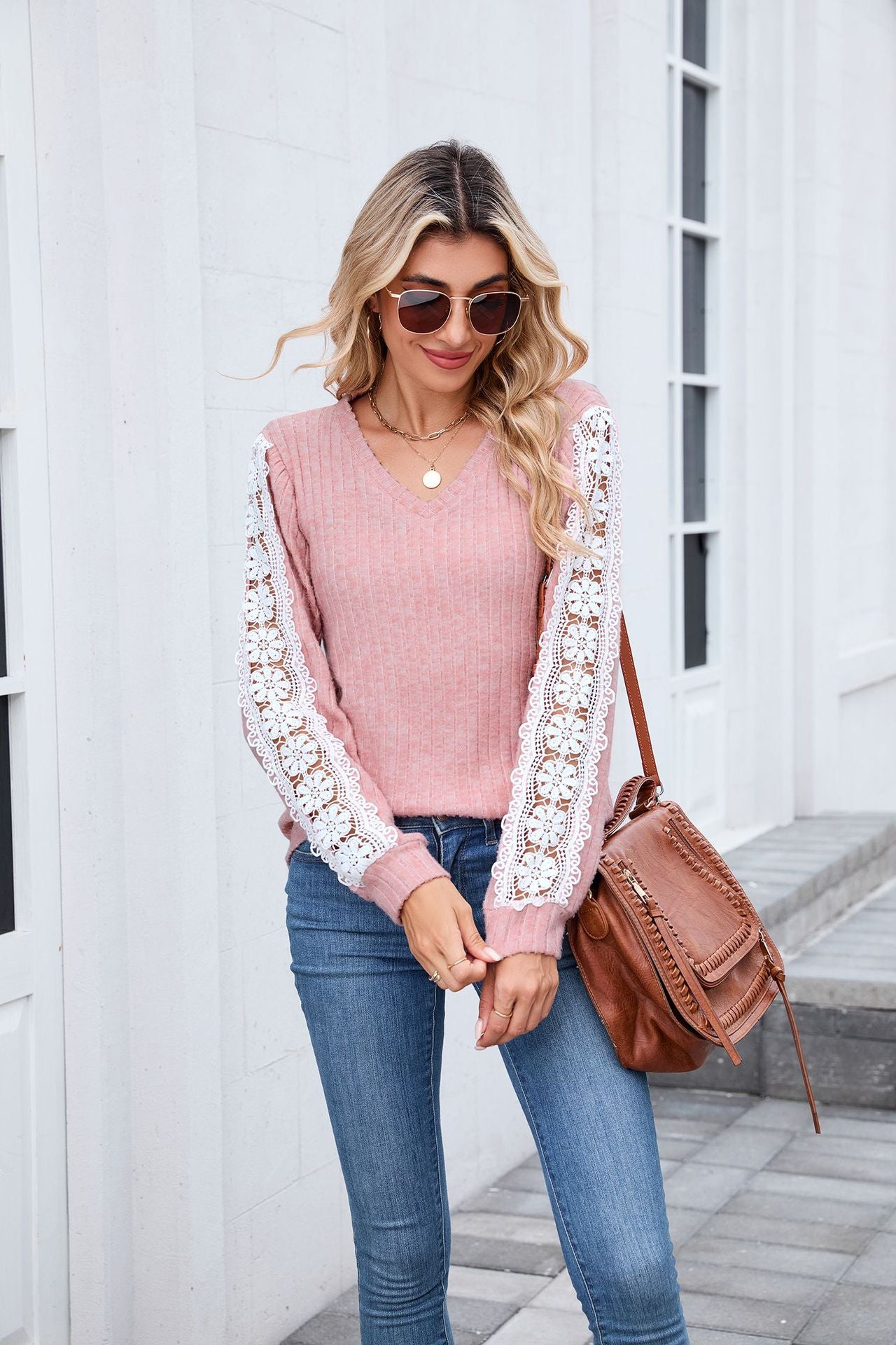Women's V Neck Lace Long Sleeve Tunic Top