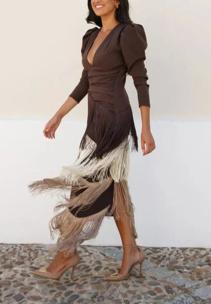 Fringe Maxi Dress Deep V Neck Long Sleeve Bodycon Party