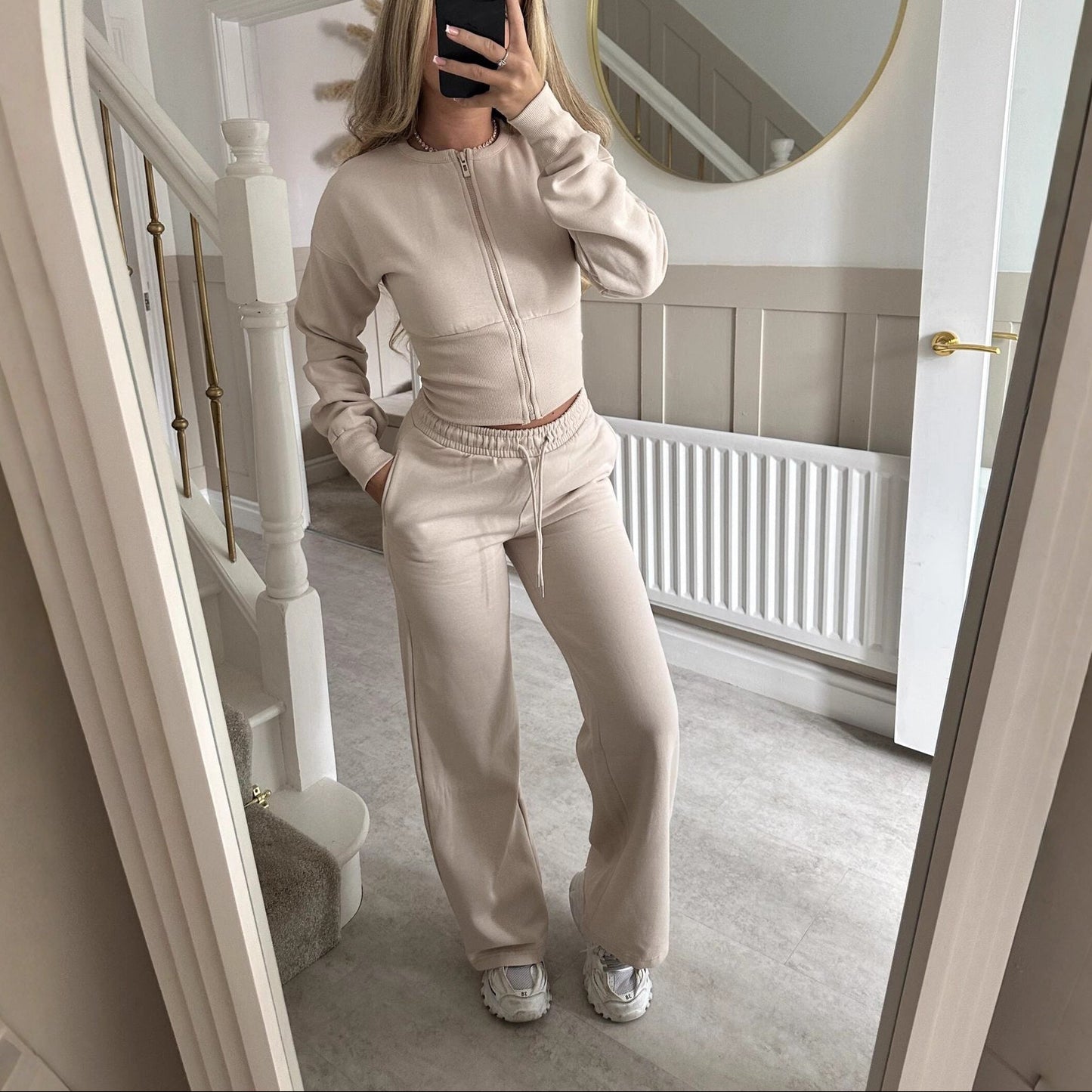 Women's 2 Piece Lounge Set Zip Up Jacket Wide Leg Pants