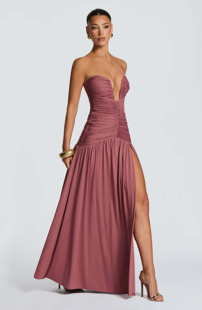 Strapless V-Neck Ruched High Slit Formal Maxi Dress