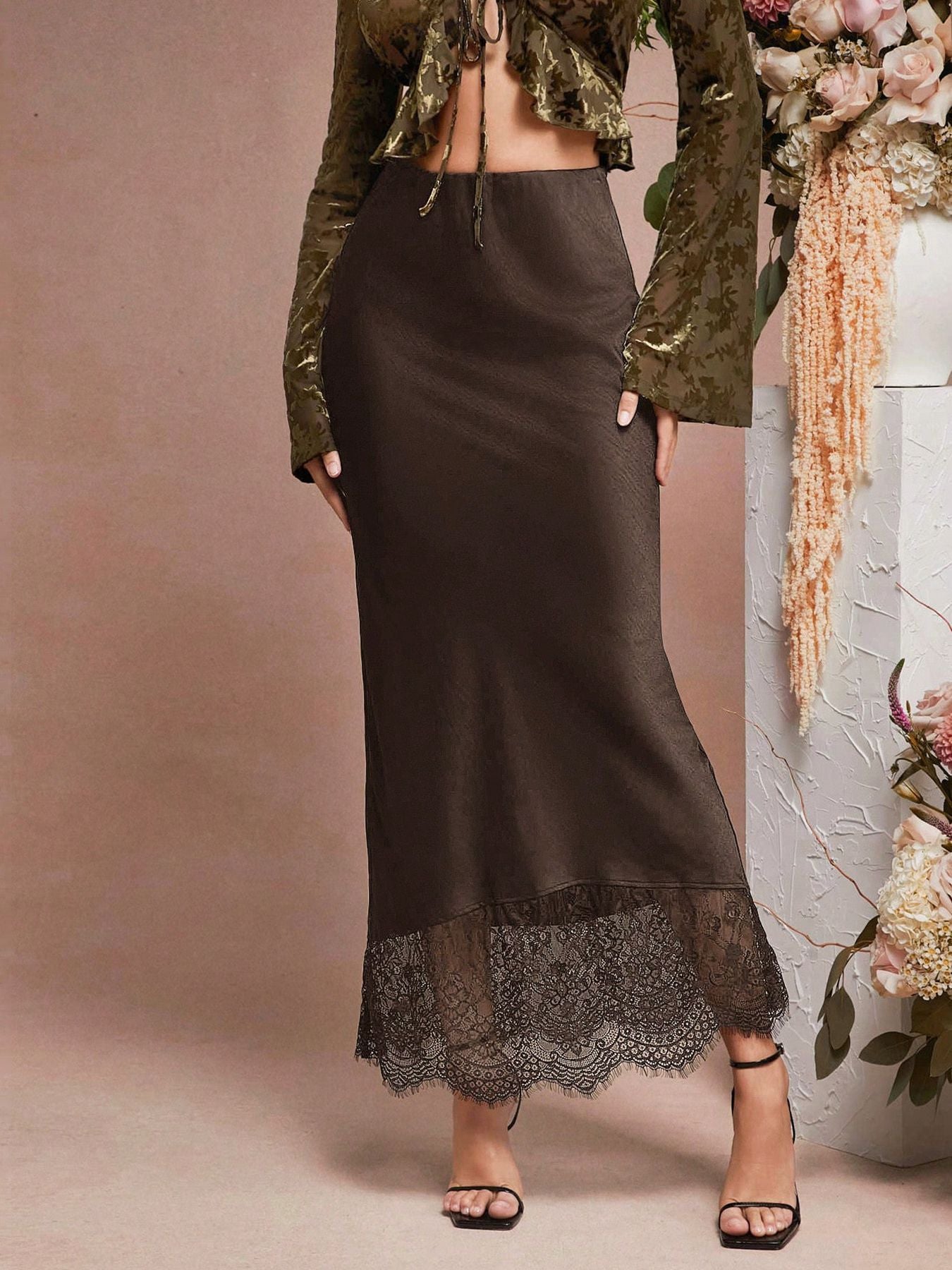 Acetate Satin Mermaid Skirt Lace Trim Mid-Length Elegant Dress