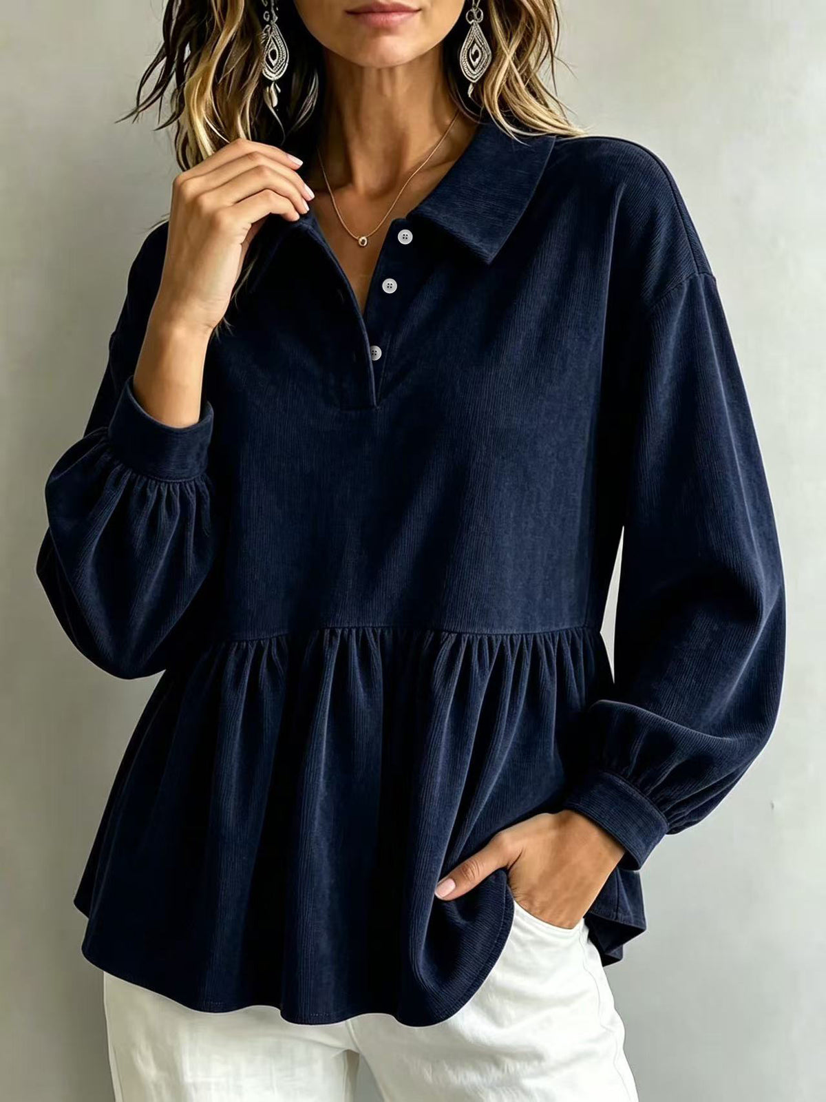 Plus Size Corduroy Polo Long Sleeve Babydoll Blouse