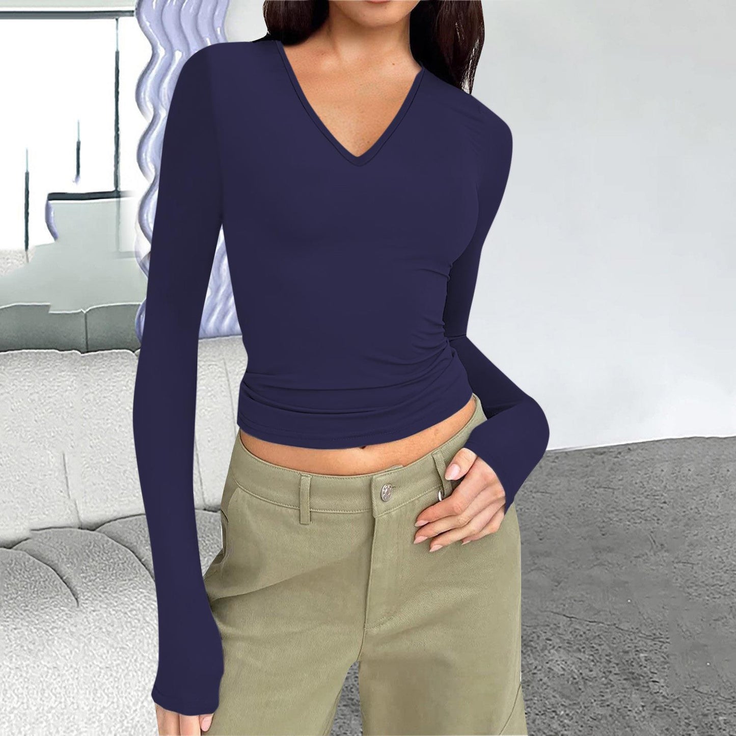 Women's V-Neck Long Sleeve Slim Fit Basic Top