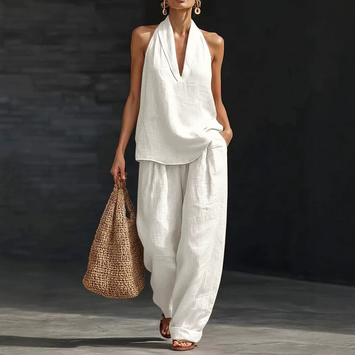 Women's Sleeveless Halter Top Wide Leg Pants Matching Set