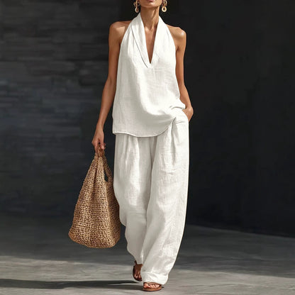Women's Sleeveless Halter Top Wide Leg Pants Matching Set