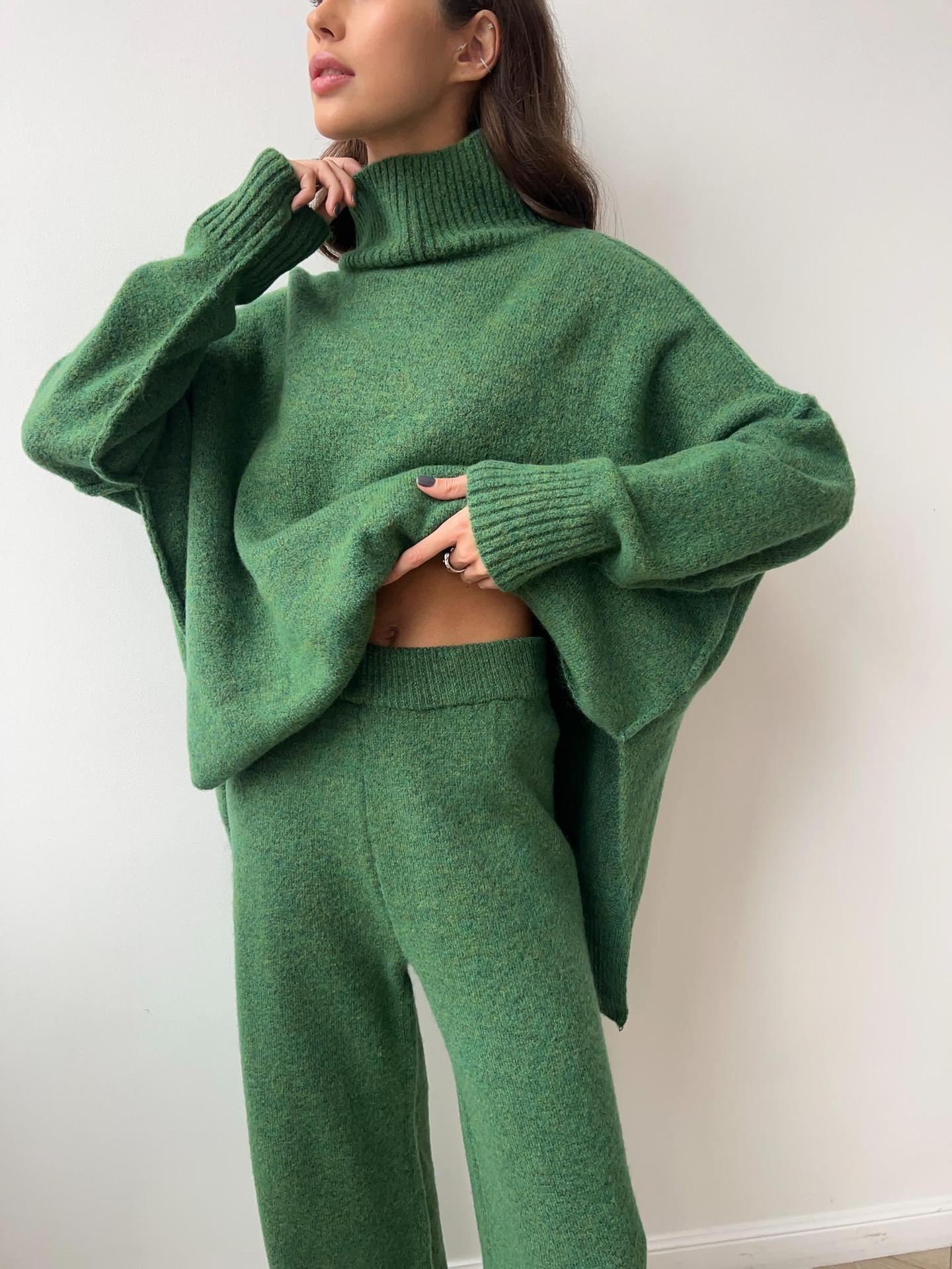 Knit Turtleneck Lounge Set with Wide Leg Pants