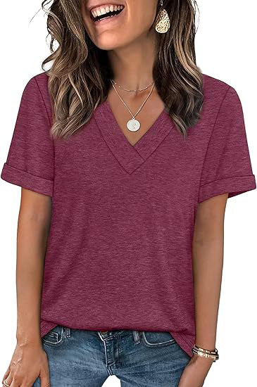 Women's V-Neck Short Sleeve Soft Cotton Casual T-Shirt Top