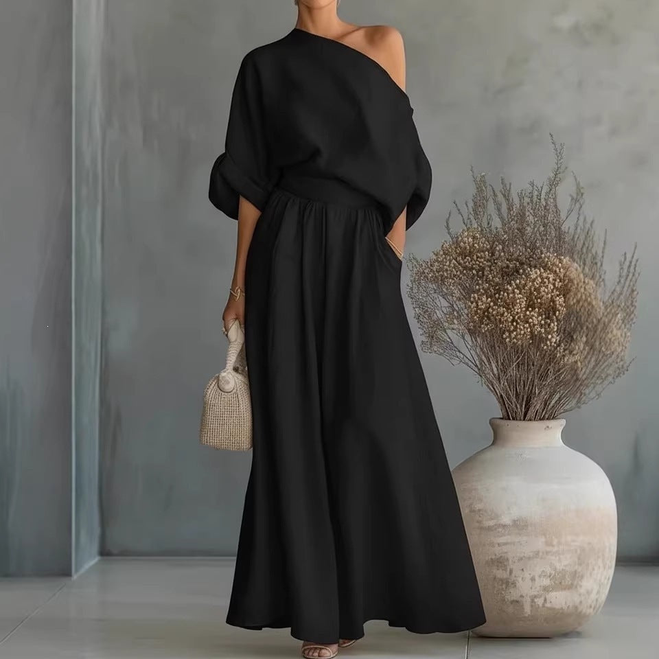Women's One Shoulder Top Wide Leg Pants Matching Set