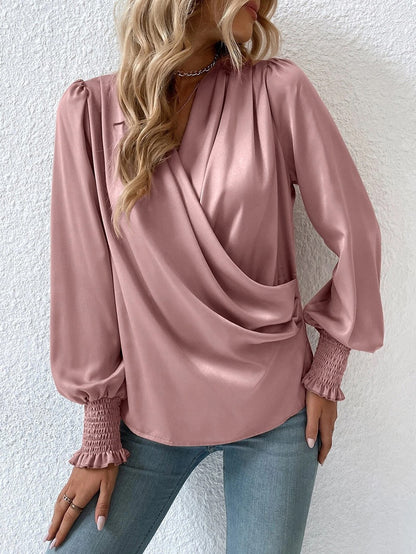 Women's Cowl Neck Blouse Balloon Sleeve Smocked Cuff Top