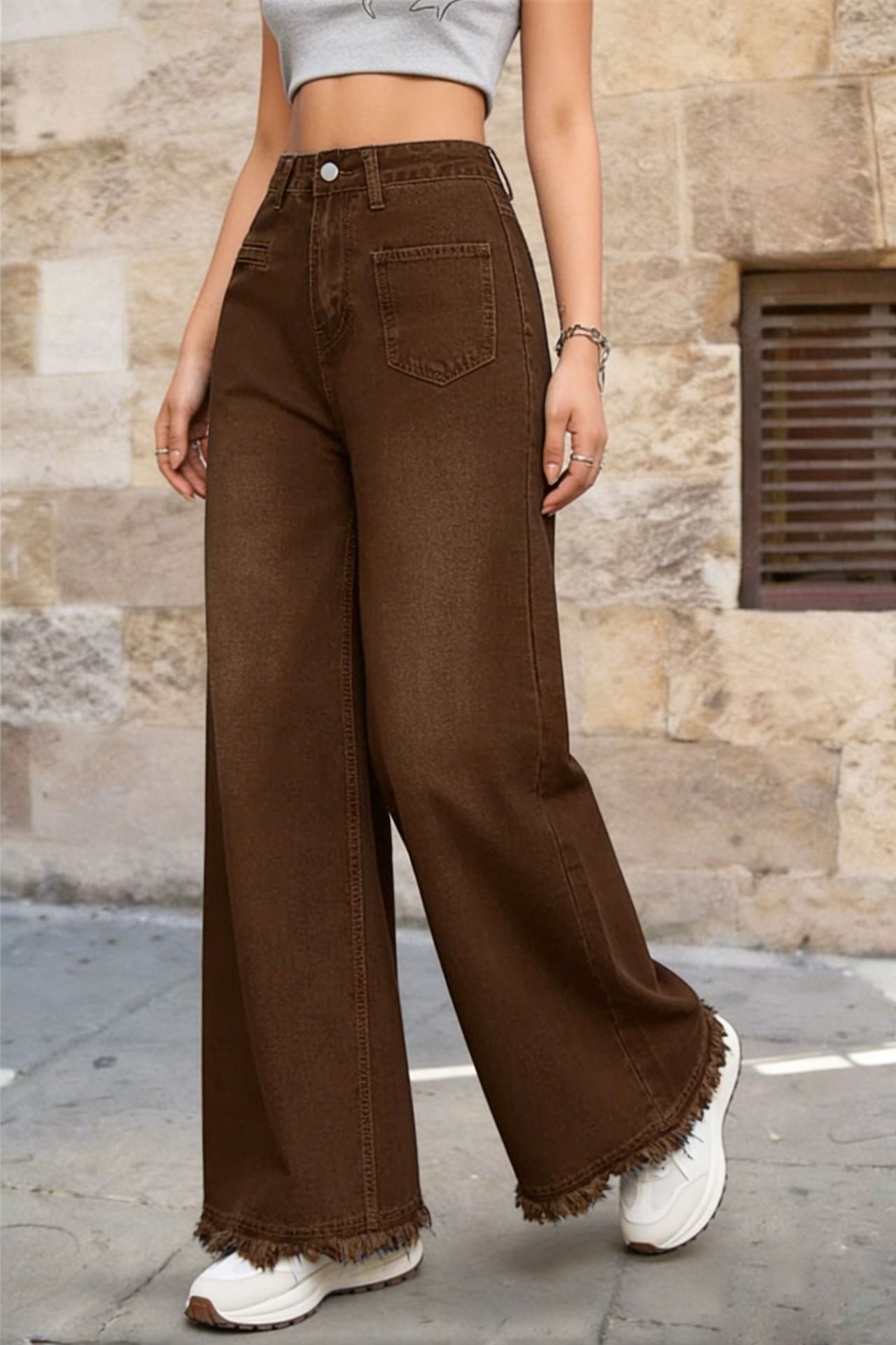 Women's Vintage Washed High Waist Raw Hem Wide Leg Jeans