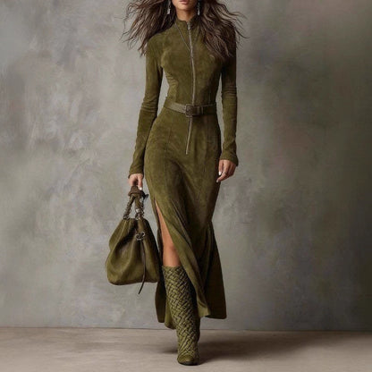 Suede Zip Up Mock Neck Maxi Dress Belted Slit Long Sleeve