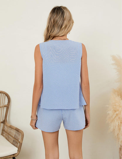 Gingham V Neck Button Vest Shorts Set Summer Outfit