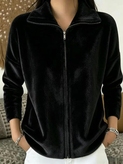 Women's Oversized Zip-Up Fleece Jacket Casual Collared
