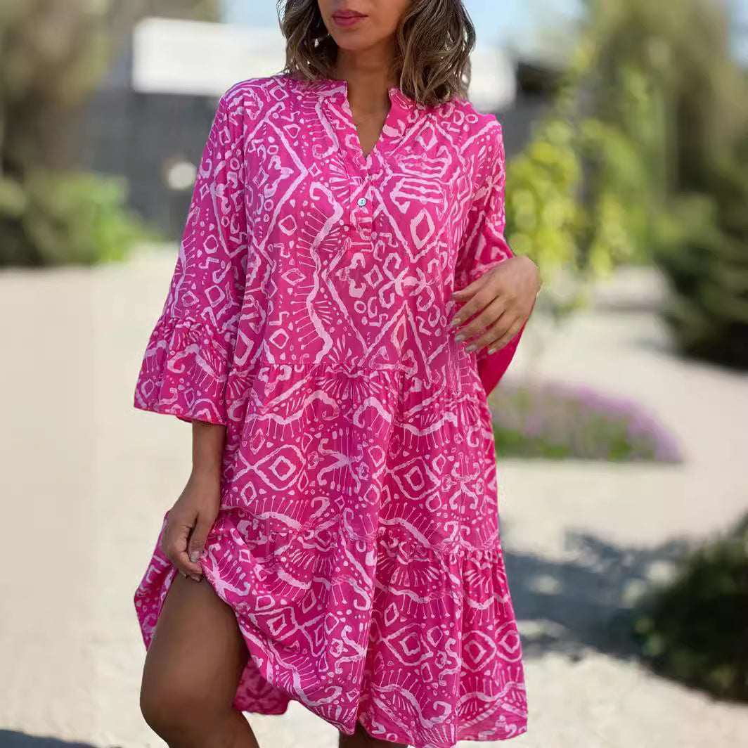 Women's Boho Geometric Tiered V-Neck 3/4 Sleeve Dress