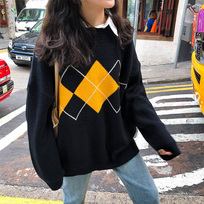 Women's Oversized Argyle Crew Neck Sweater