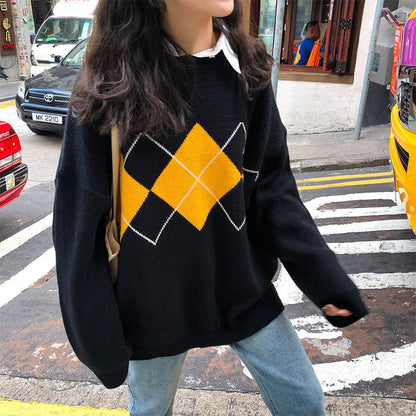 Women's Oversized Argyle Crew Neck Sweater
