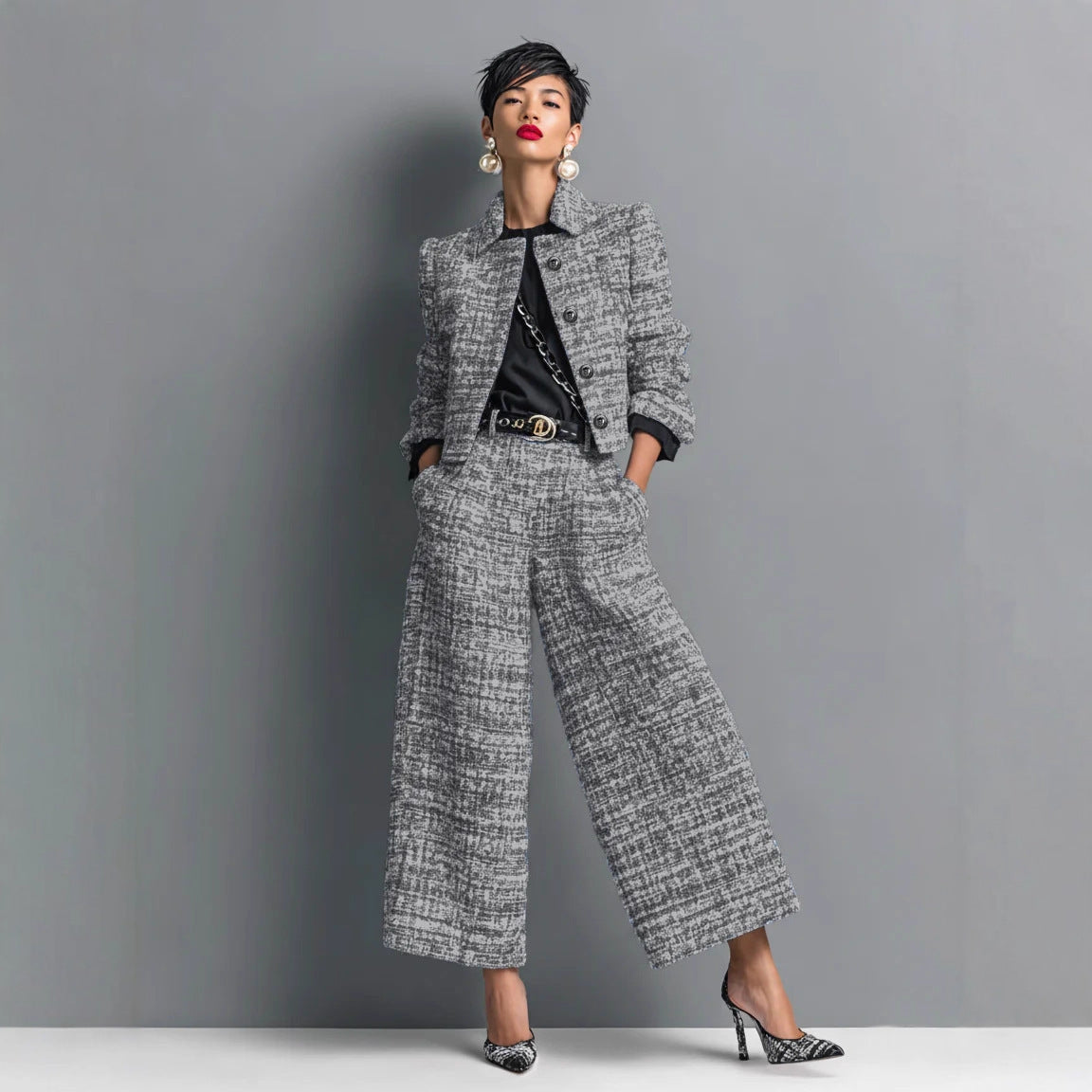 Women's Tweed Cropped Blazer Wide Leg Pants Set