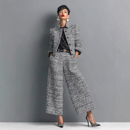 Women's Tweed Cropped Blazer Wide Leg Pants Set