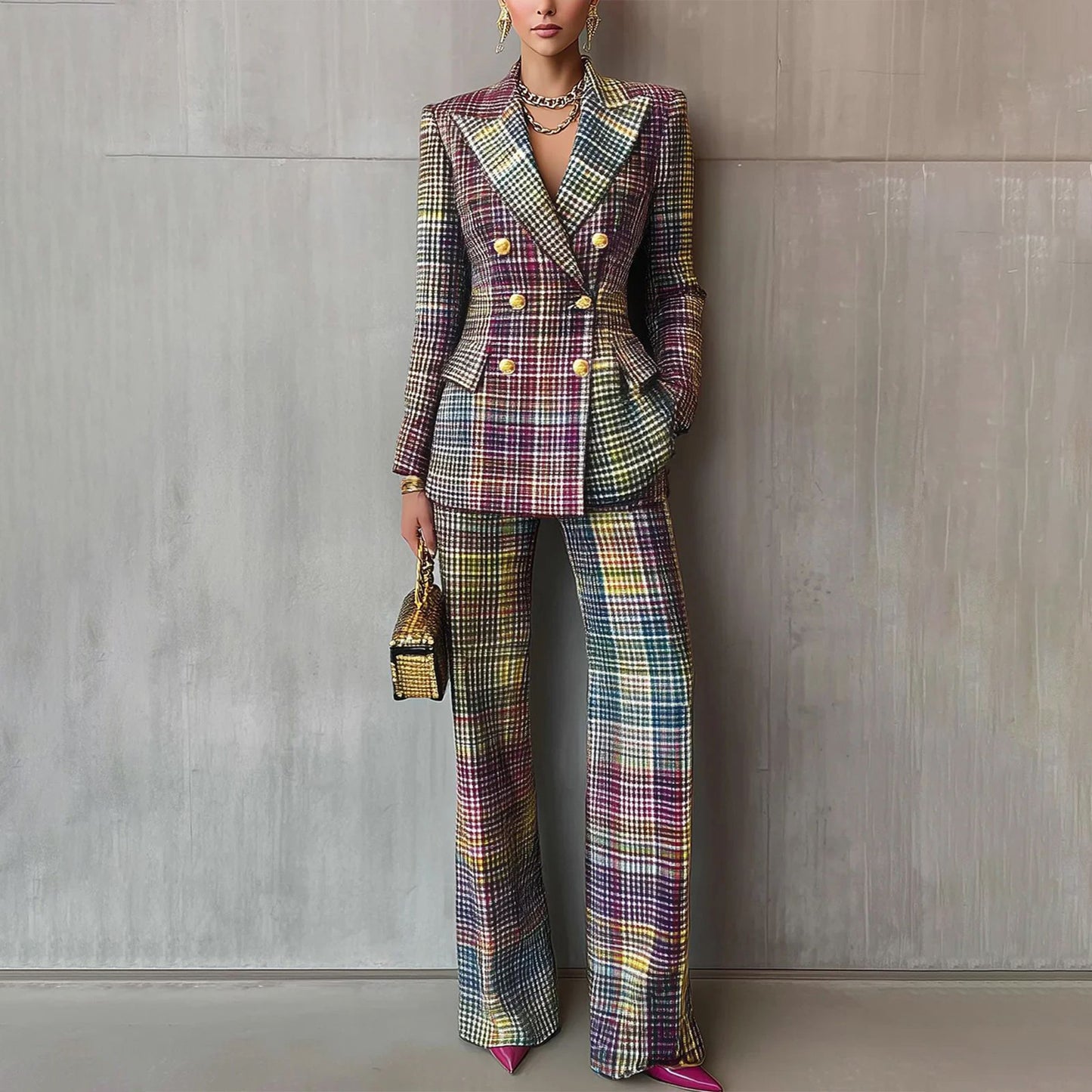 Women Plaid Blazer Pants Set Trendy Two Piece Suit