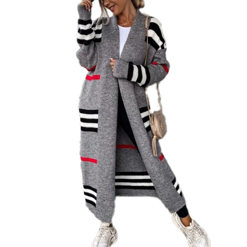 Striped Long Cardigan Open Front Oversized Sweater Coat