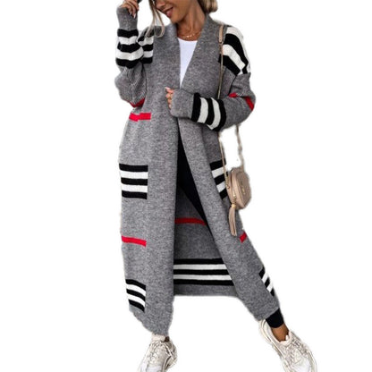Striped Long Cardigan Open Front Oversized Sweater Coat