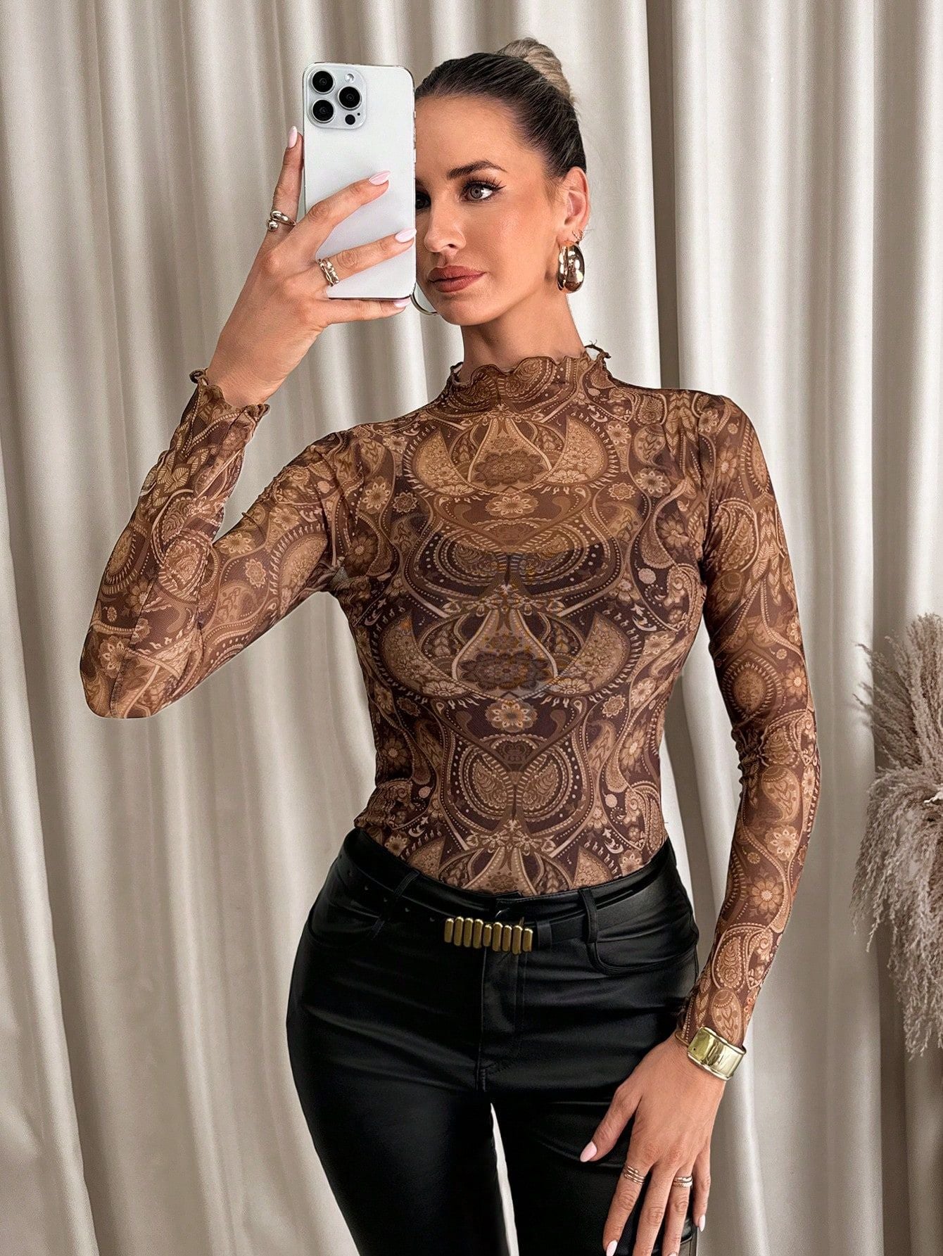 Sexy Leopard Print Mesh T-Shirt Top with Fungus Edge