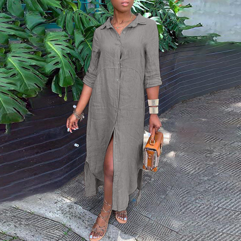 Women's Cotton Linen Button Down Maxi Dress Long Sleeve