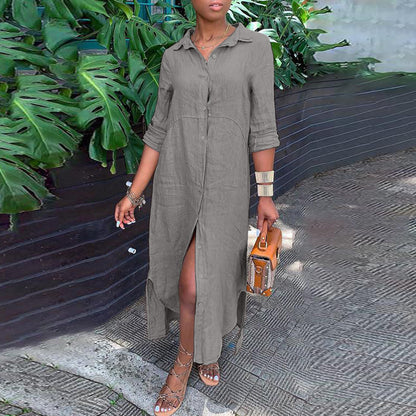 Women's Cotton Linen Button Down Maxi Dress Long Sleeve