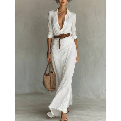 Elegant Belted Shirt Dress Long Sleeve Ruched Maxi