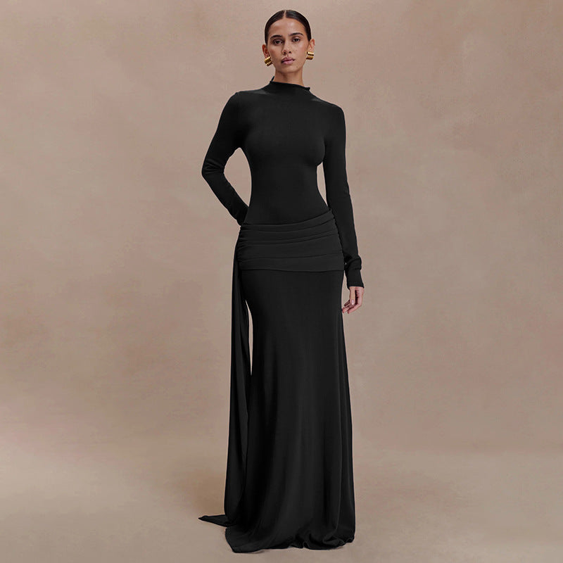 Elegant Mock Neck Long Sleeve Ruched Sash Maxi Dress