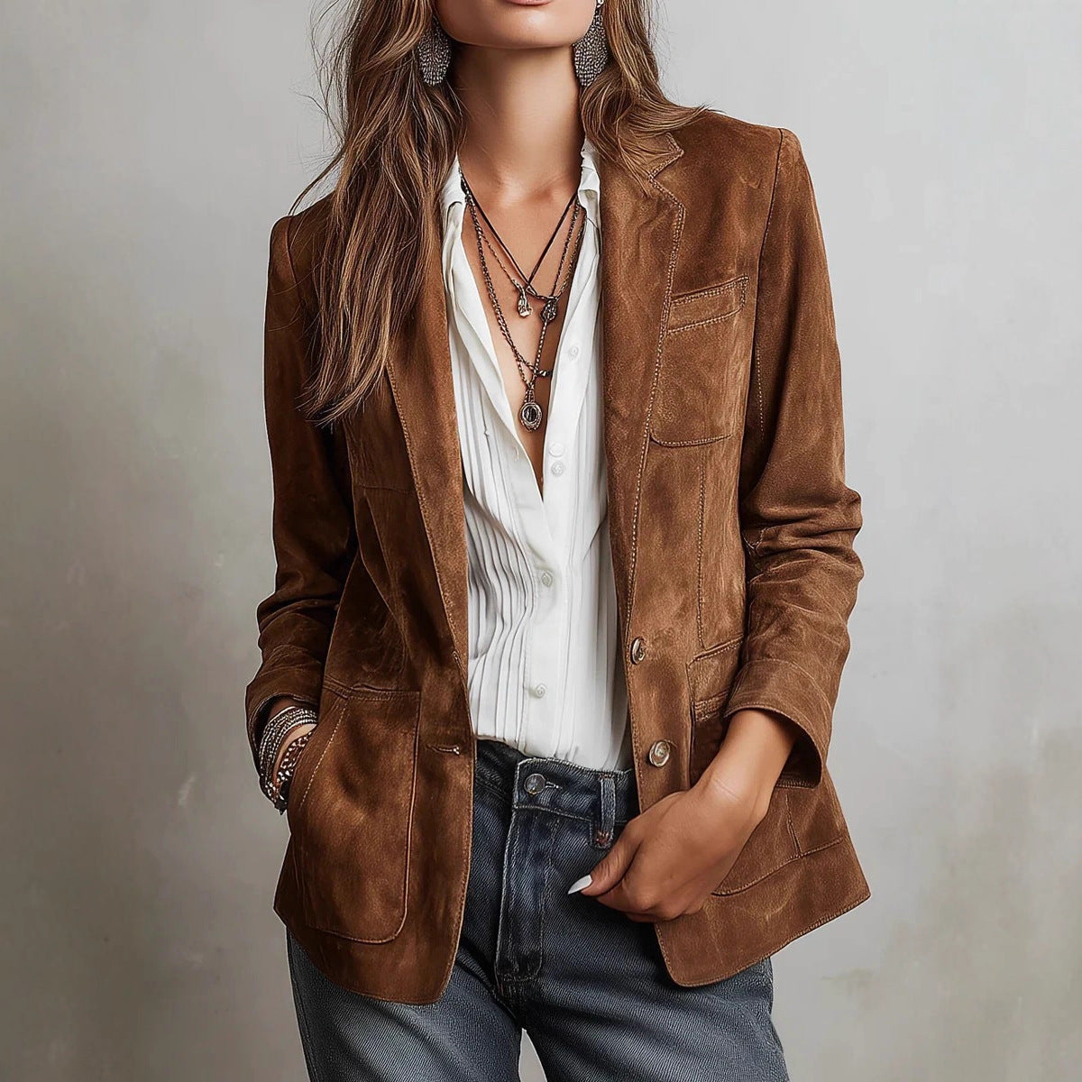 Women's Brown Faux Suede Blazer with Pockets
