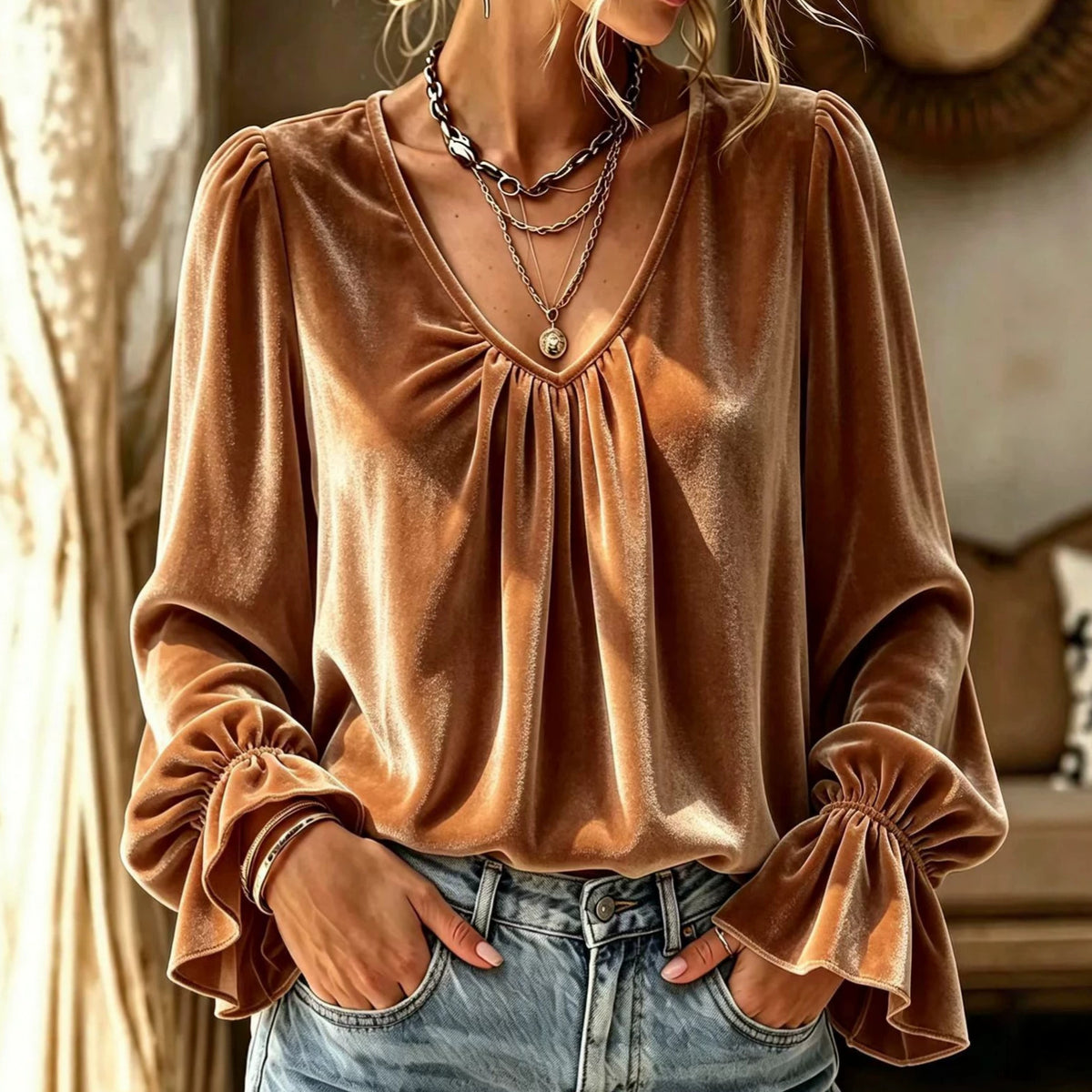 Women's V-Neck Bell Sleeve Ruched Blouse Top
