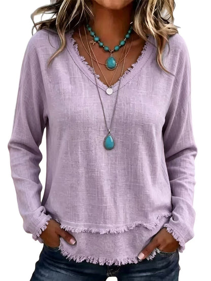 Women's Oversized V Neck Frayed Hem Long Sleeve Top