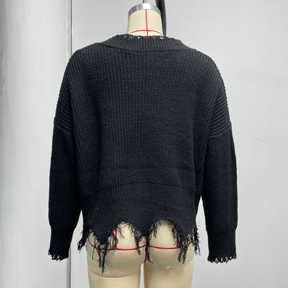 Women's Oversized V Neck Frayed Hem Knit Sweater