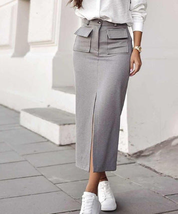 Elegant High Waist Midi Skirt with Front Slit