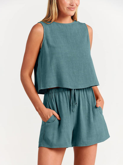 Sleeveless Top and Drawstring Shorts Two Piece Set