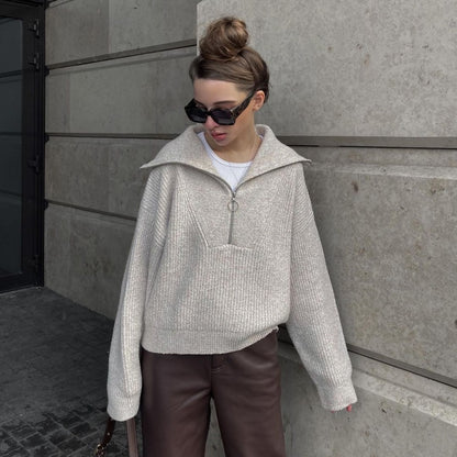 Women's Oversized Half Zip Collared Knit Sweater Pullover