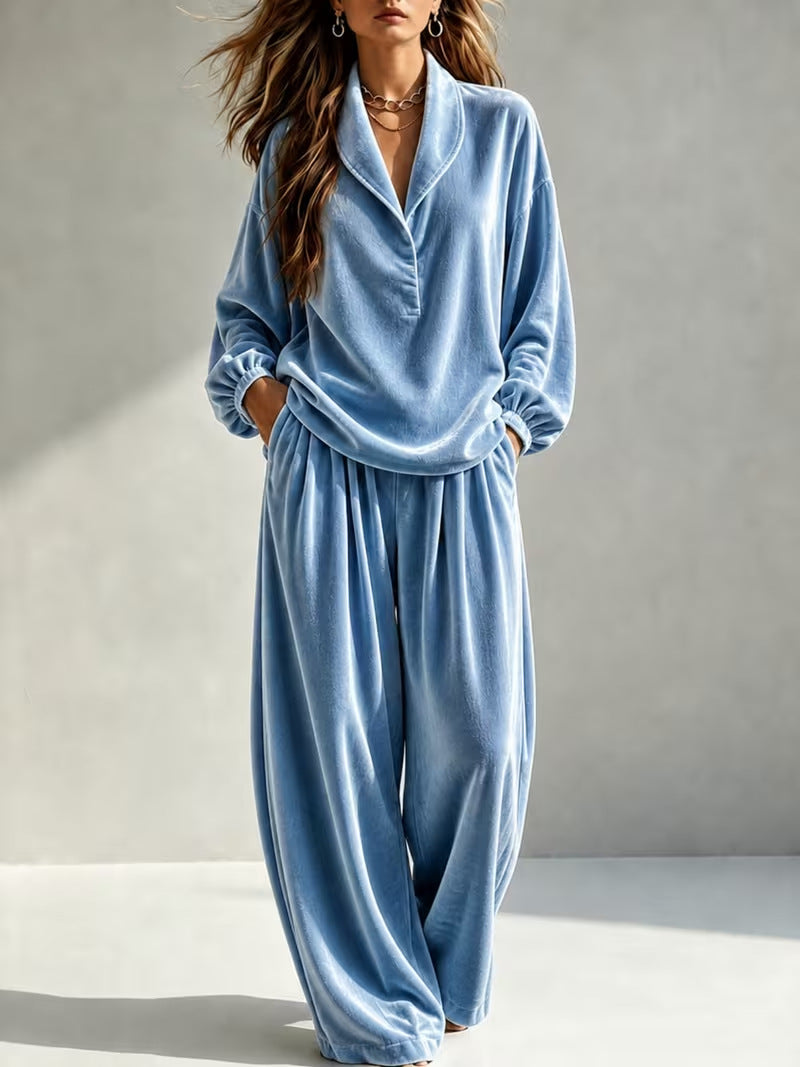 Women's Velvet Collared Lounge Set Wide Leg Pants