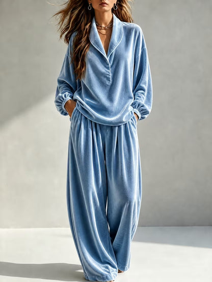Women's Velvet Collared Lounge Set Wide Leg Pants