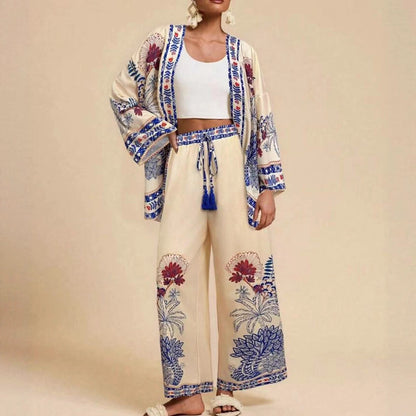 Women's Boho Kimono Cardigan Wide Leg Pants Matching Set